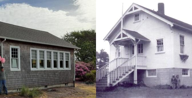 Standing by the Schoolhouse Harold Bennett May 2022 and with Russell Parker 1940s